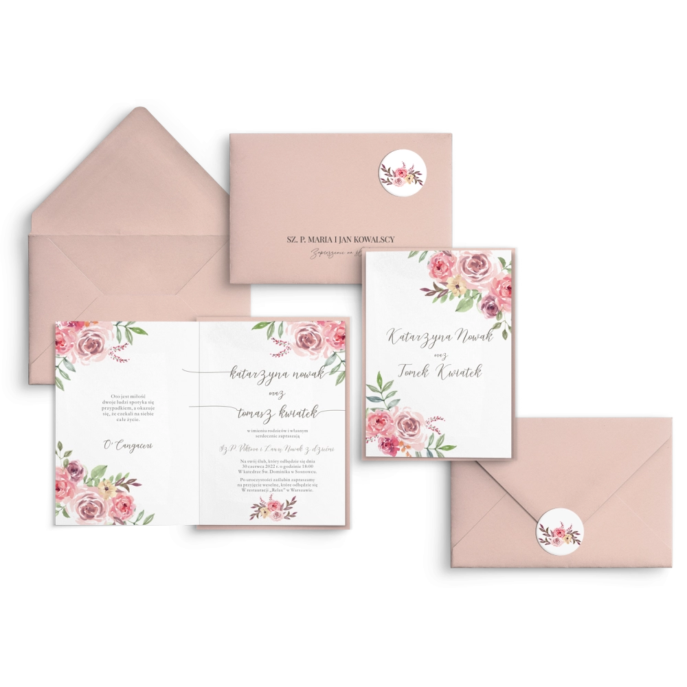 Zaproszenia ślubne PasteLove- Składane z różową kopertą, czarną personalizacją i zaklejką