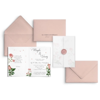 Piękne Zaproszenia ślubne Biały Czas  z&nbsp;kalką i&nbsp;lakiem oraz z&nbsp;kopertą w&nbsp;kolorze pudrowy róż