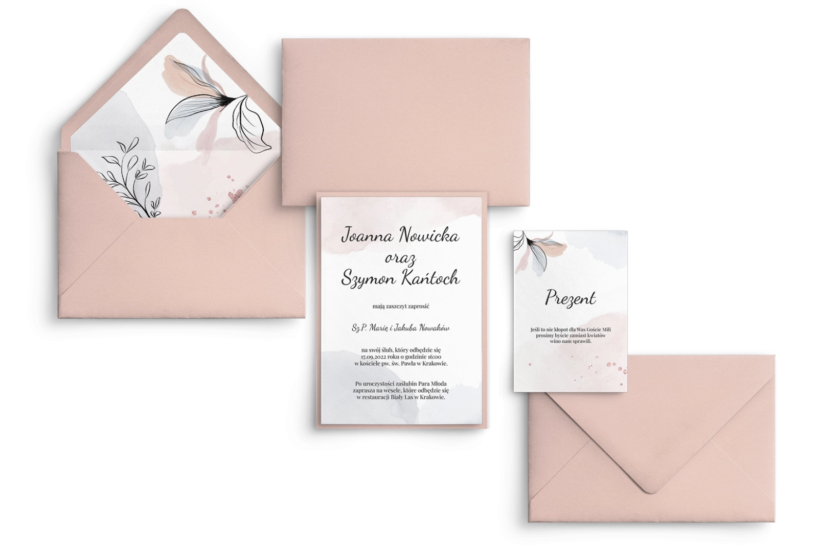Eleganckie Zaproszenia ślubne Watercolor Wedding w odcieniach pudrowego różu