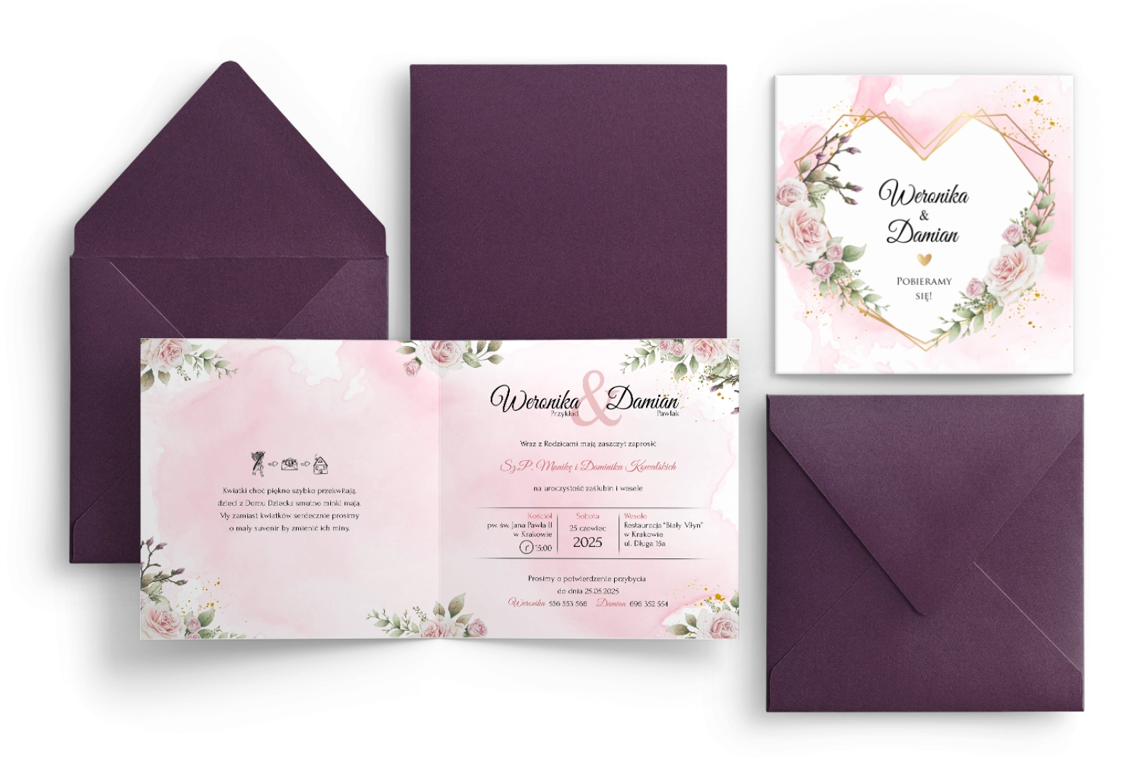 Zaproszenia ślubne Kwadratowe Składane Złote Serca - Motyw 1