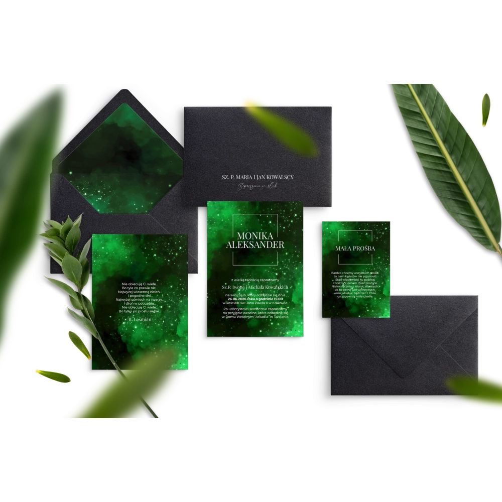 Oryginalne i nowoczesne Zaproszenia ślubne Colors of the Sky z czarną kopertą i dodatkowymi kartami