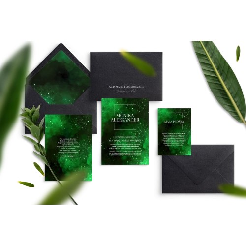 Oryginalne i nowoczesne Zaproszenia ślubne Colors of the Sky z czarną kopertą i dodatkowymi kartami