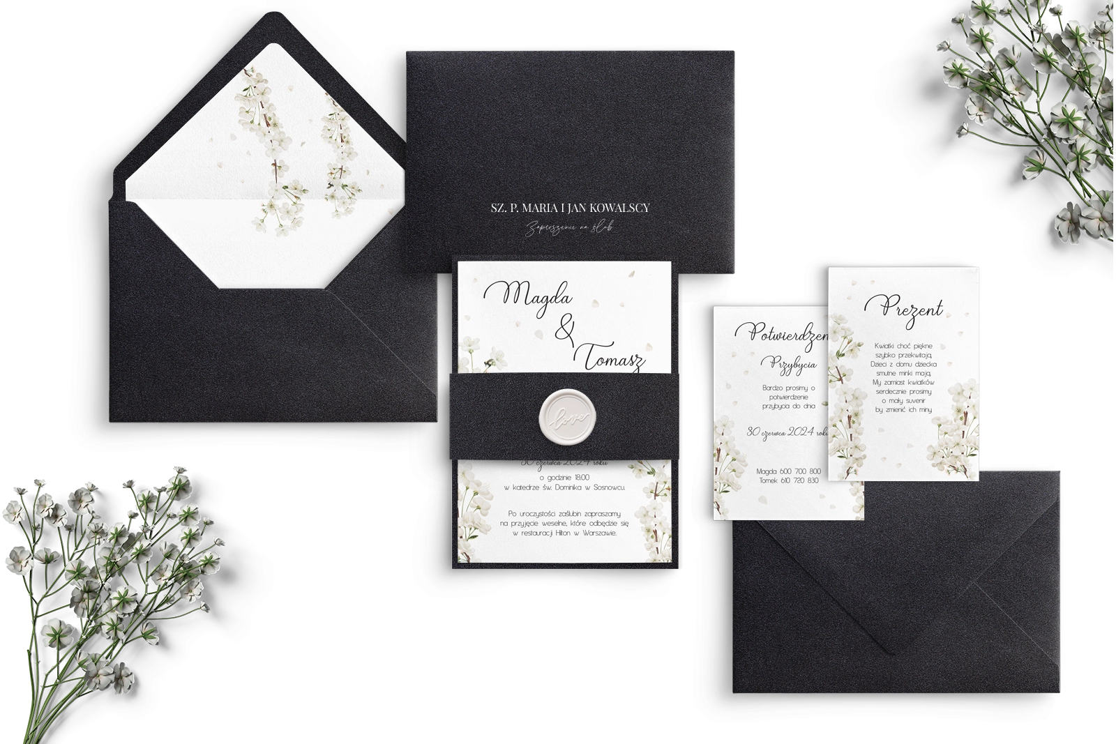 Eleganckie Zaproszenia ślubne Biały Czas z opaska i lakiem oraz z kopertą czarną perłową