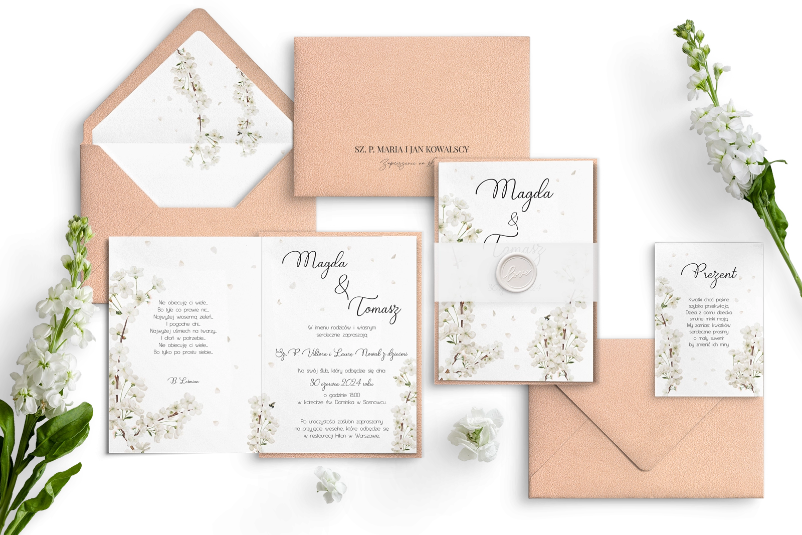 Piękne Zaproszenia ślubne Biały Czas  z kopertą cappuccino oraz opaską z kalki z lakiem