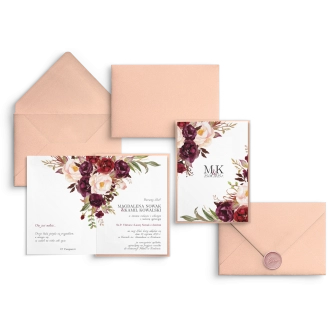 Kwiatowe Zaproszenia ślubne Fabello z&nbsp;dodatkiem beżu i&nbsp;elegancką kopertą z&nbsp;lakiem