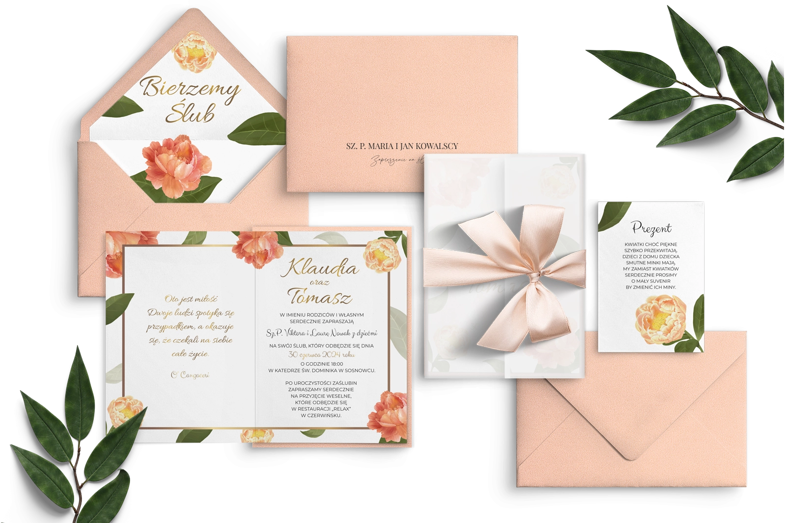 Piękne Zaproszenia ślubne Dream z kokardą, wkładka oraz kopertą