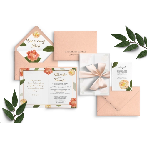 Piękne Zaproszenia ślubne Dream z kokardą, wkładka oraz kopertą