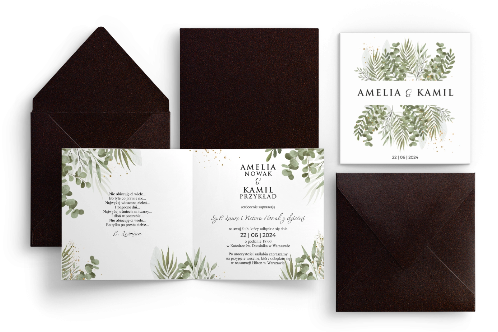 Zaproszenia ślubne Leaves - Składane Kwadrat Motyw 2