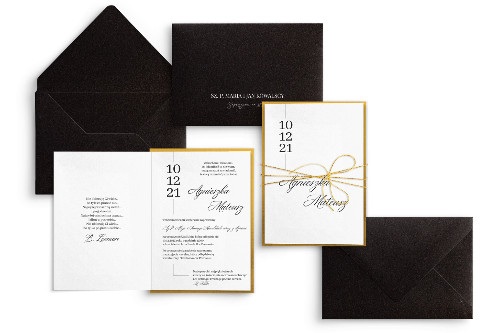 Złote zaproszenia ślubne Minimalistyczne z czarną kopertą, złotym sznurkiem i podklejką