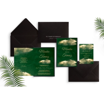 Zaproszenia ślubne Greenery - Składane z&nbsp;czarną kopertą, białą personalizacją i&nbsp;czarną podklejką