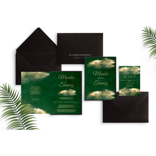 Zaproszenia ślubne Greenery - Składane z czarną kopertą, białą personalizacją i czarną podklejką