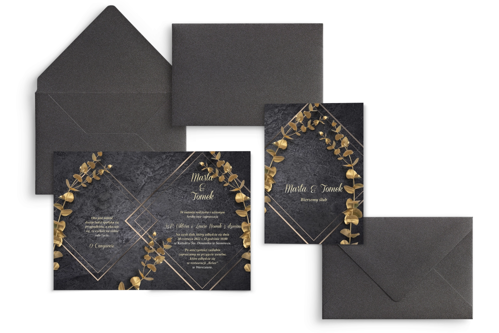 Zaproszenia ślubne Złote Kwiaty - Składane Motyw 2