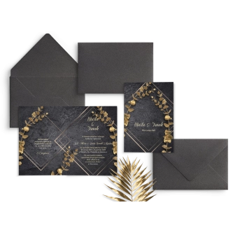 Nowoczesne Zaproszenia ślubne Złote Kwiaty z&nbsp;perłową grafitową kopertą