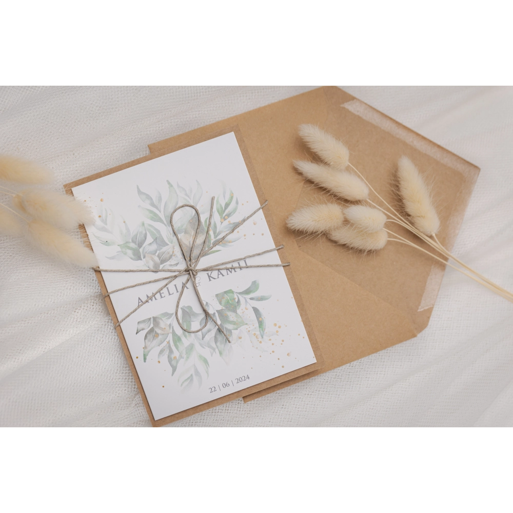 Piękne ekologiczne zaproszenie Leaves z kopertą ekologiczną i sznurkiem eko
