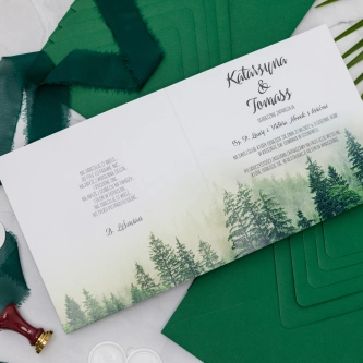 Leśne zaproszenie ślubne z&nbsp;kopertą ciemno zieloną