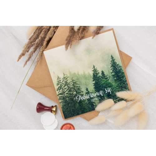 Rustykalne zaproszenie Forest z kopertą, podklejką i zaklejką