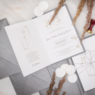 Eleganckie Zaproszenia ślubne Fiori ze kopertą srebrno perłową, podklejką oraz ze srebrnym sznurkiem
