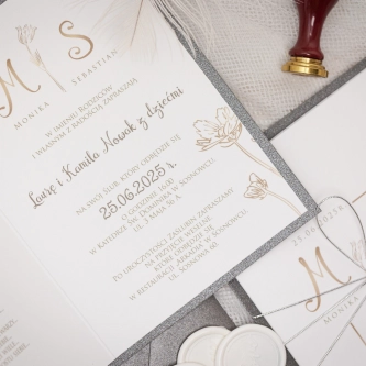 Eleganckie Zaproszenia ślubne Fiori ze kopertą srebrno perłową, podklejką oraz ze srebrnym sznurkiem