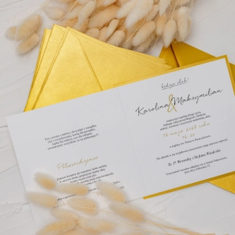 Nowoczesne zaproszenie ślubne Golden Elegance z&nbsp;kopertą złotą perłową i&nbsp;podklejką