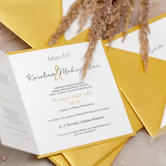 Nowoczesne zaproszenie ślubne Golden Elegance z&nbsp;kopertą złotą perłową i&nbsp;podklejką