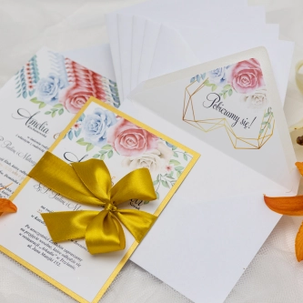 Zaproszenia ślubne Geometryczne Serce ze wstążką satynową, podklejką i&nbsp;koperta z&nbsp;wklejką