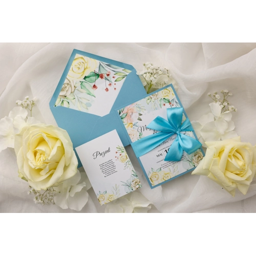 Wiosenne Zaproszenia ślubne Amelia w błękicie z piękną kokardą, wkładką oraz kopertą