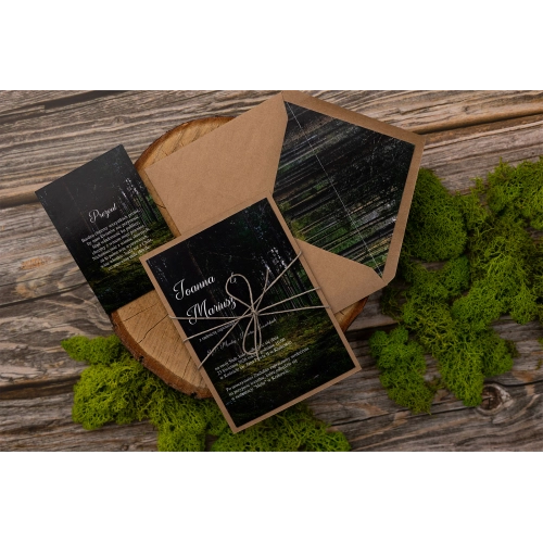 Piękne ekologiczne Zaproszenia ślubne Las z dodatkową kartą, sznurkiem i wklejką