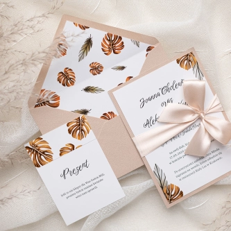 Beżowe Zaproszenia ślubne Jesienne Liście z&nbsp;papierem ozdobnym, wstążką i&nbsp;wkładką