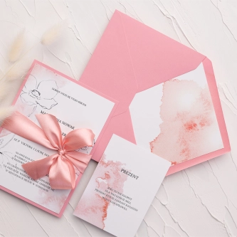 Różowe Zaproszenia na ślub ślubne Julietta z&nbsp;wstążką, kopertą i&nbsp;wkładką