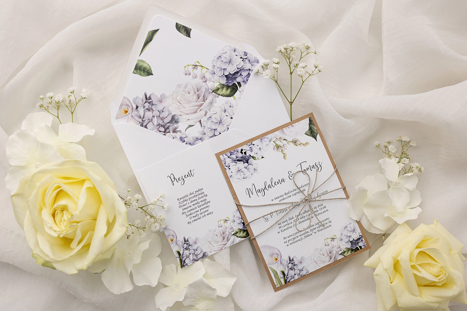 Zaproszenia ślubne Ofelia z hortensjami, różami, liliami i konwaliami