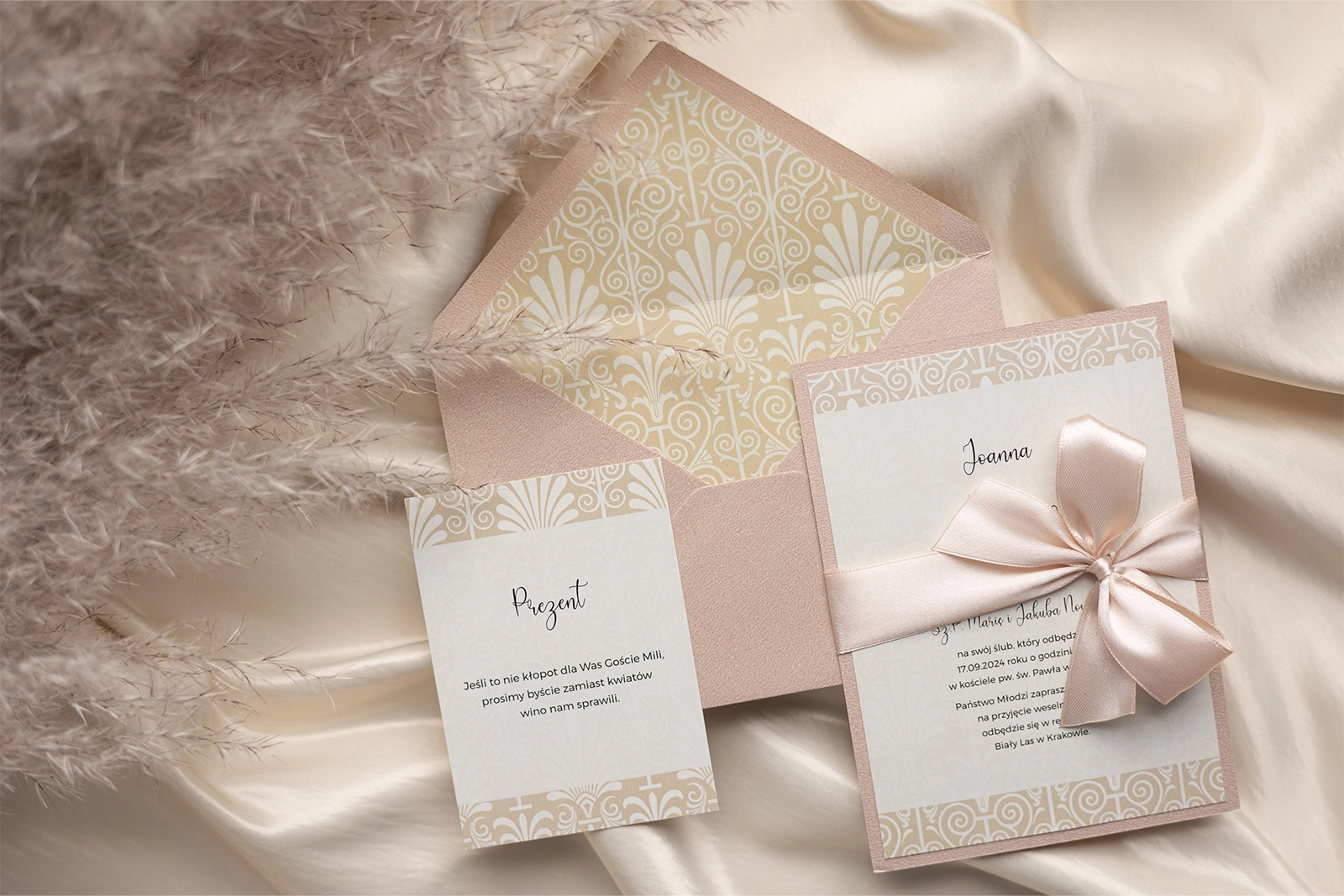 Beżowo złote Zaproszenia ślubne Vintage z wkładką i papierem ozdobnym