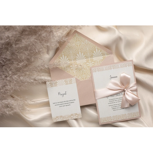 Beżowo złote Zaproszenia ślubne Vintage z wkładką i papierem ozdobnym