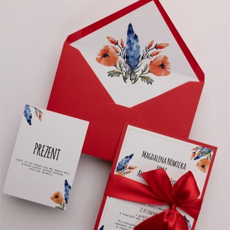 Zaproszenia ślubne Feather z&nbsp;czerwonymi dodatkami