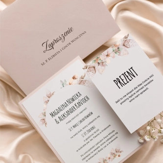 Zaproszenia ślubne Piórko z&nbsp;pudrowo różową kopertą i&nbsp;papierem ozdobnym