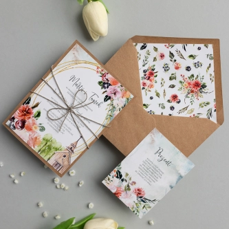 Rustykalne Zaproszenia ślubne Spring Love z&nbsp;akwarelowym motywem kościoła z&nbsp;ekologicznymi ozdobami