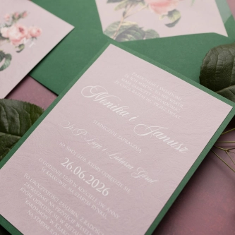 Oryginalne Zaproszenia ślubne Bella z&nbsp;zieloną kopertą i&nbsp;rebusem - Motyw 1