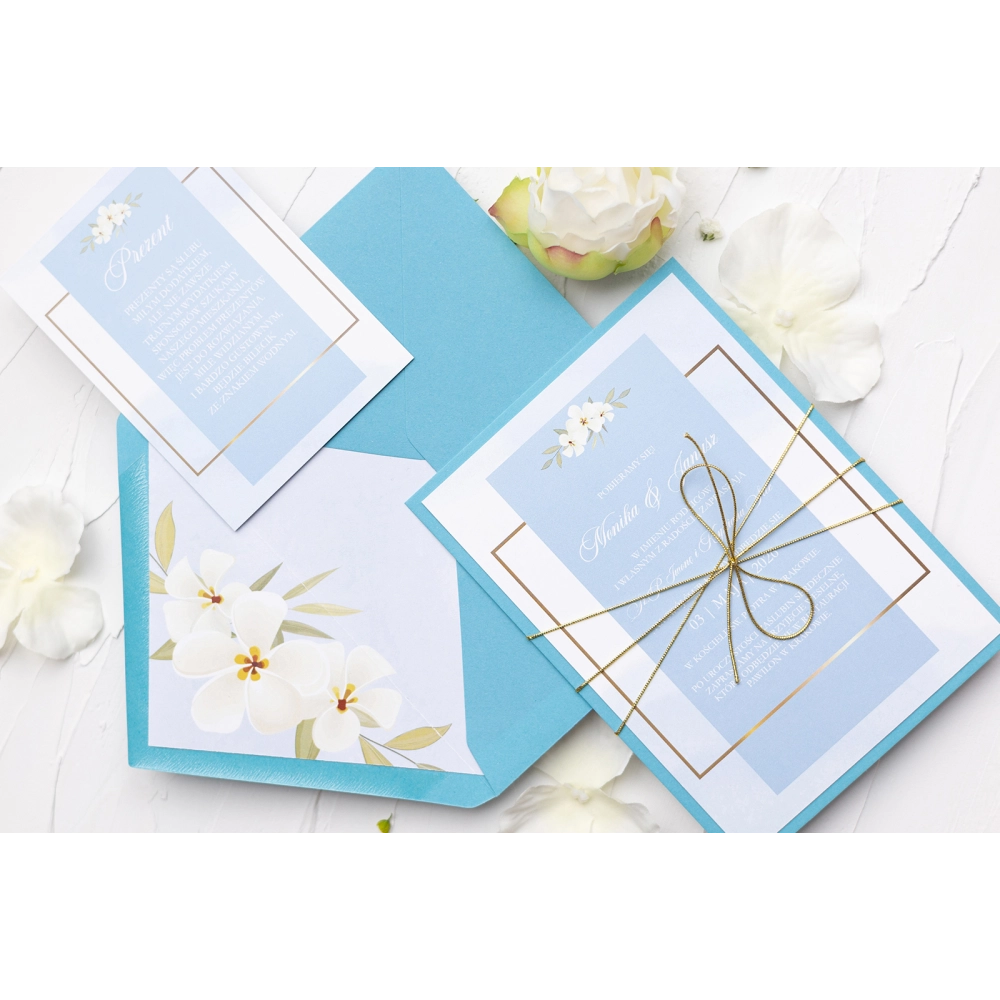 Błękitne Zaproszenia ślubne Golden Square z&nbsp;złotym sznurkiem i&nbsp;dodatkową wkładką