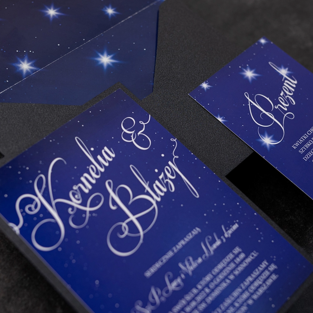 Nowoczesne i oryginalne Zaproszenia ślubne Gwiaździsta Noc z czarno perłowymi dodatkami