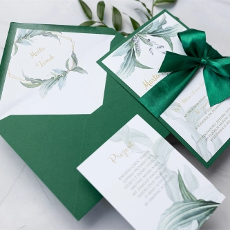 Zaproszenia ślubne Liście z&nbsp;zieloną wstążką, kopertą i&nbsp;dodatkową wkładką
