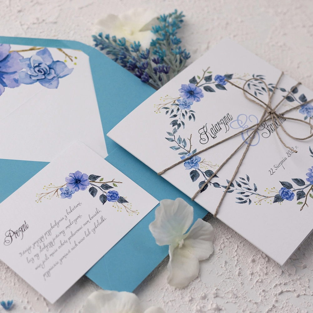 Zaproszenia ślubne Wianki z błękitną kopertą, wkładką i sznurkiem