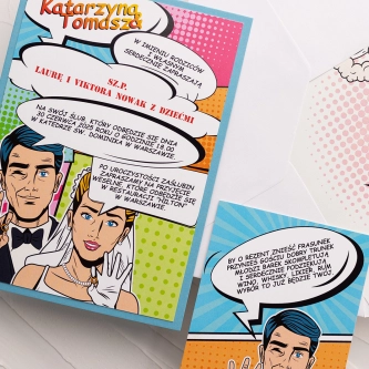 Komiks Zaproszenia ślubne Pop Art z&nbsp;dodatkową wkładką i&nbsp;papierem ozdobnym