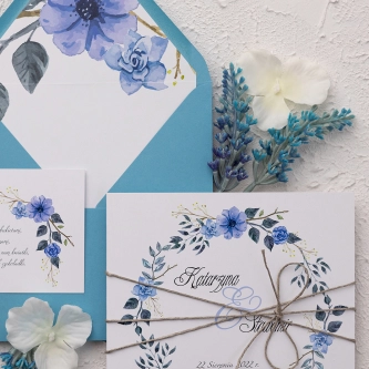 Zaproszenia ślubne Wianki z&nbsp;błękitną kopertą, wkładką i&nbsp;sznurkiem