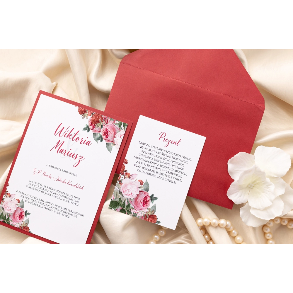 Romantyczne Zaproszenia ślubne Amore Rosso - motyw 1 z podklejką oraz dodatkową wkładką