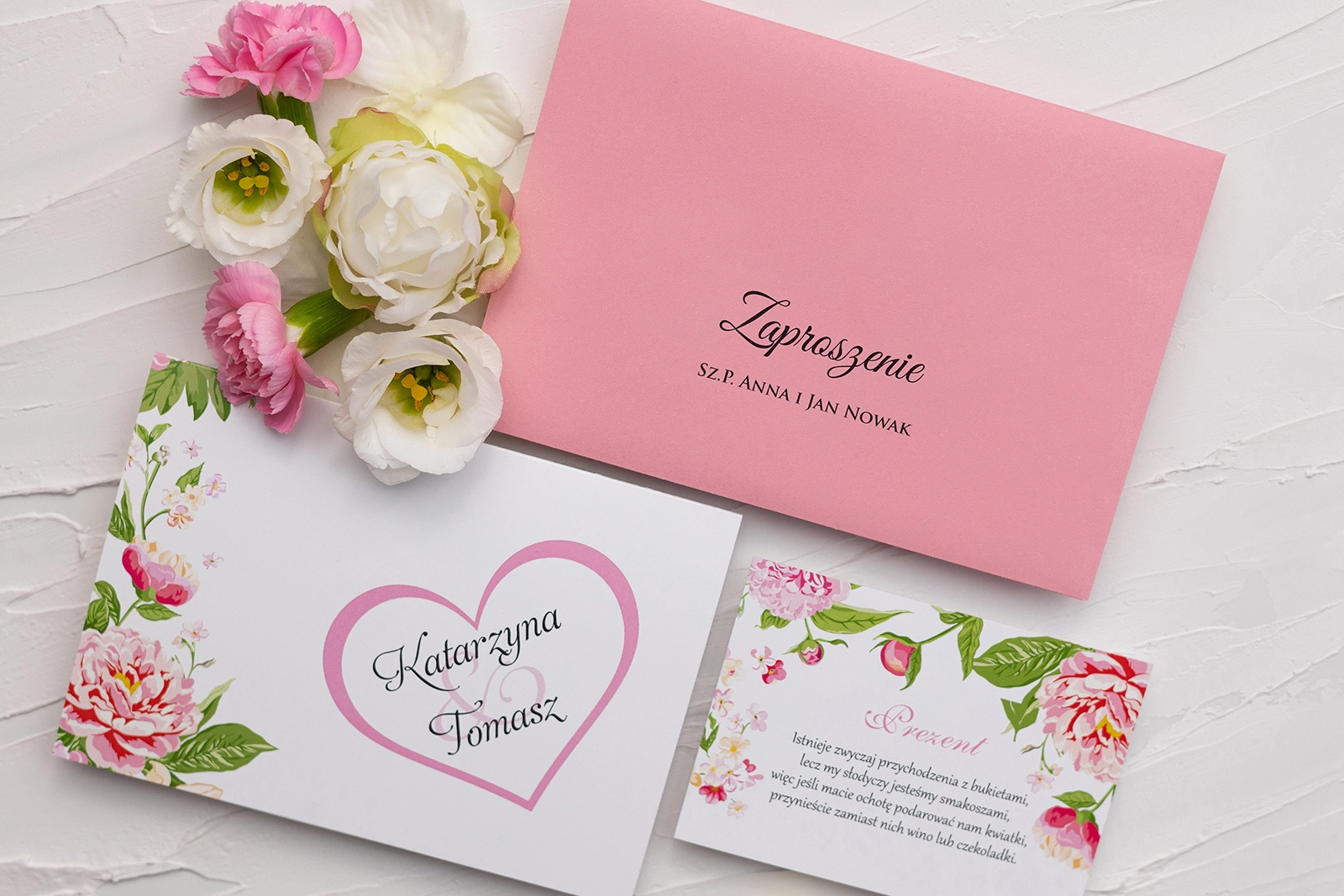 Klasyczne Zaproszenie ślubne Serca Kwiat w kolorze różowym