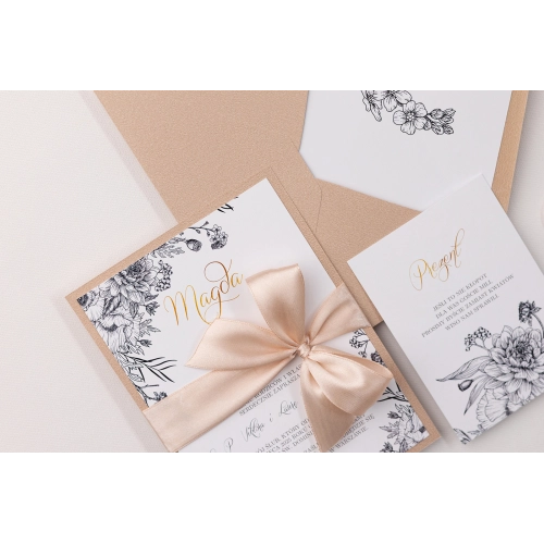 Zaproszenia ślubne Adore w kolorze Cappucino z piękną wstążką satynową oraz wkładką