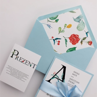 Oryginalne Zaproszenia ślubne Letters z&nbsp;inicjałami w&nbsp;błękitnej barwie