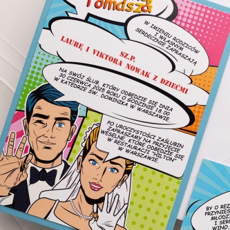 Komiks Zaproszenia ślubne Pop Art z&nbsp;dodatkową wkładką i&nbsp;papierem ozdobnym