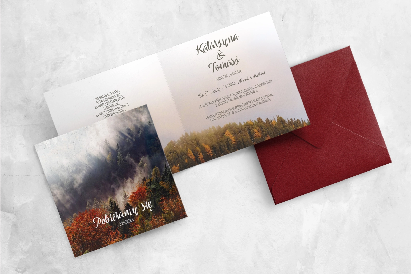 Zaproszenie Forest na papierze satynowym z piękną kopertą bordową