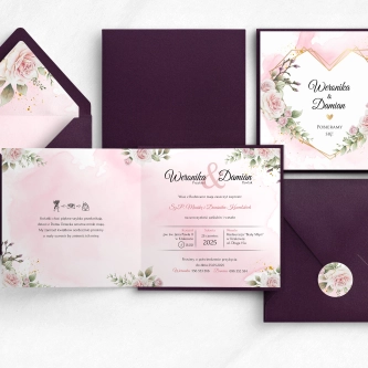 Rustykalne Zaproszenia ślubne Kwadratowe Składane Złote Serca z&nbsp;fioletowym papierem ozdobnym, kopertą i&nbsp;zaklejką