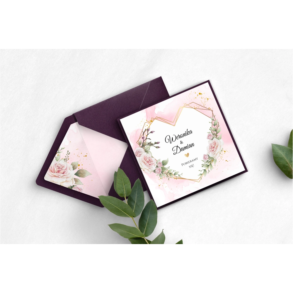 Rustykalne Zaproszenia ślubne Kwadratowe Składane Złote Serca z fioletowym papierem ozdobnym, kopertą i zaklejką